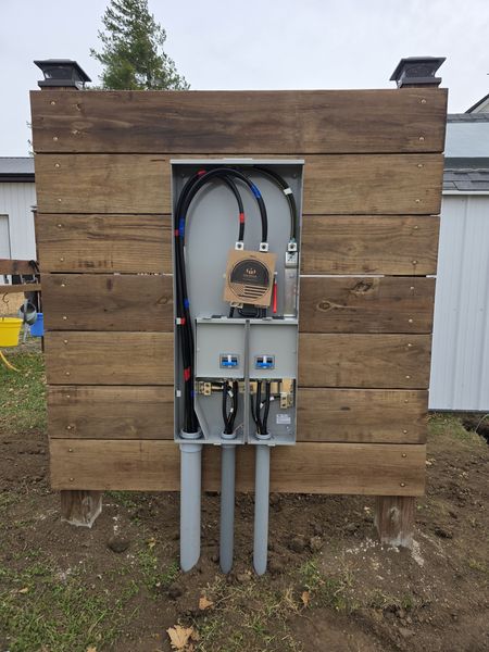 Meter and service equipment mounted on a wood backboard